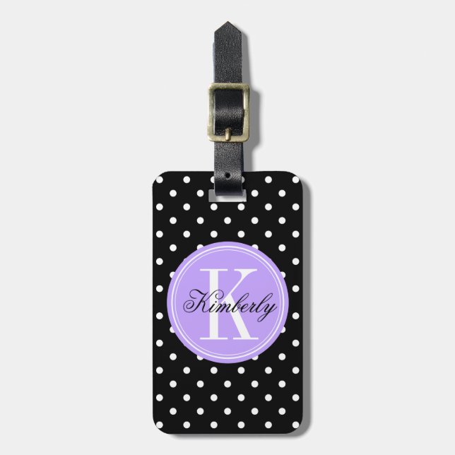 Black Polka Dot with Lilac Monogram Luggage Tag (Front Vertical)