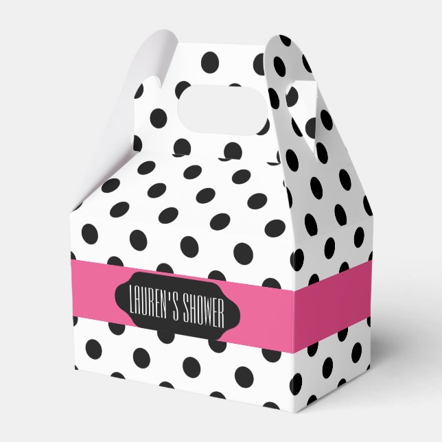 Black polka dots and pink stripe custom favour box (Front Side)