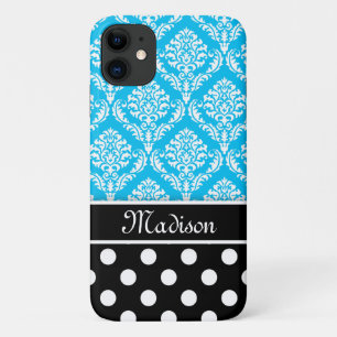 Black Polka Dots Blue Damask with Name iPhone 11 Case