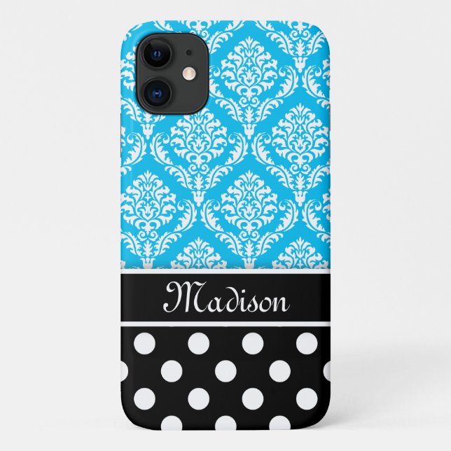 Black Polka Dots Blue Damask with Name Case-Mate iPhone Case (Back)