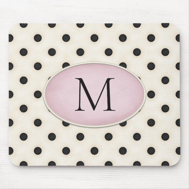 Black Polka Dots Ivory & Pale Pink Monogrammed Mouse Pad (Front)