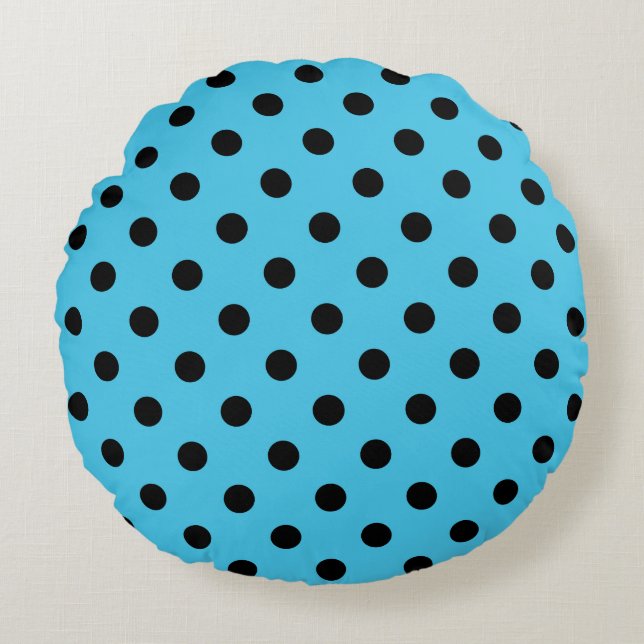 Black Polka Dots on Aqua Blue Round Pillow (Front)