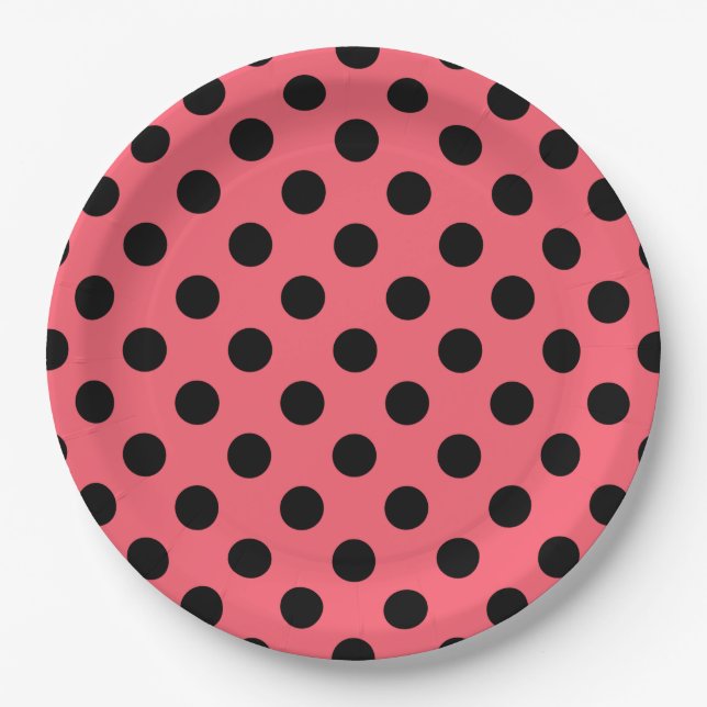 Black polka dots on coral paper plate (Front)