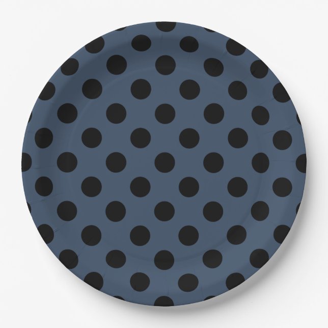 Black polka dots on gray-blue paper plate (Front)