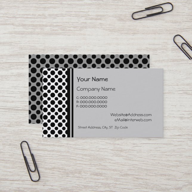 Black Polka Dots on Grey Custom Business Cards (Front/Back In Situ)