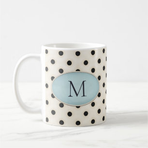 Black Polka Dots on Ivory Blue Oval Monogrammed Coffee Mug