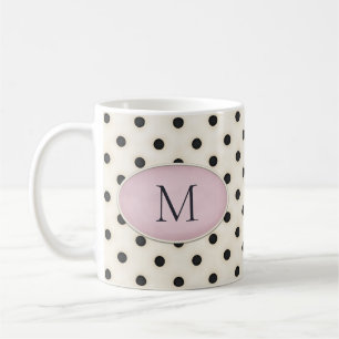 Black Polka Dots on Ivory Pink Oval Monogrammed Coffee Mug