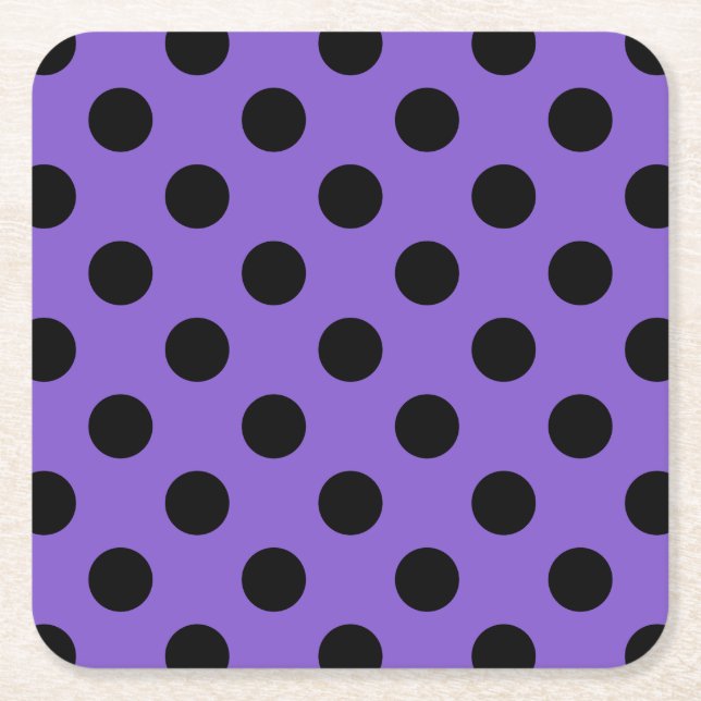 Black polka dots on lavender square paper coaster (Front)