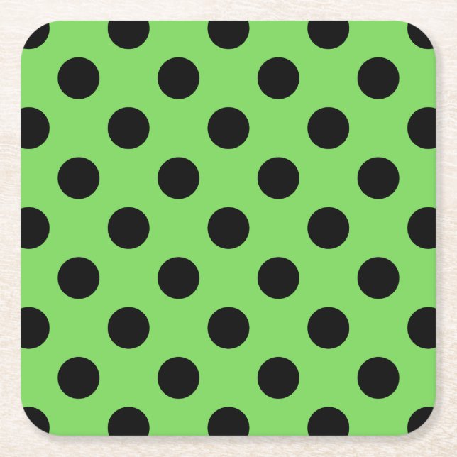Black polka dots on lime green square paper coaster (Front)