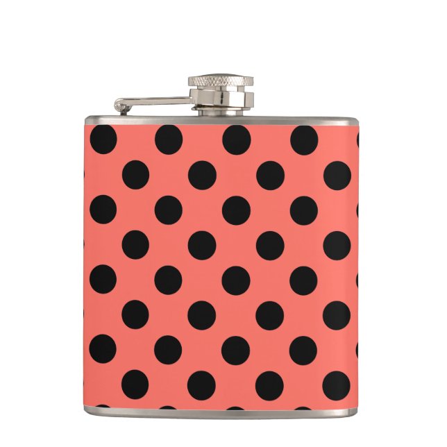 Black polka dots on living coral hip flask (Front)