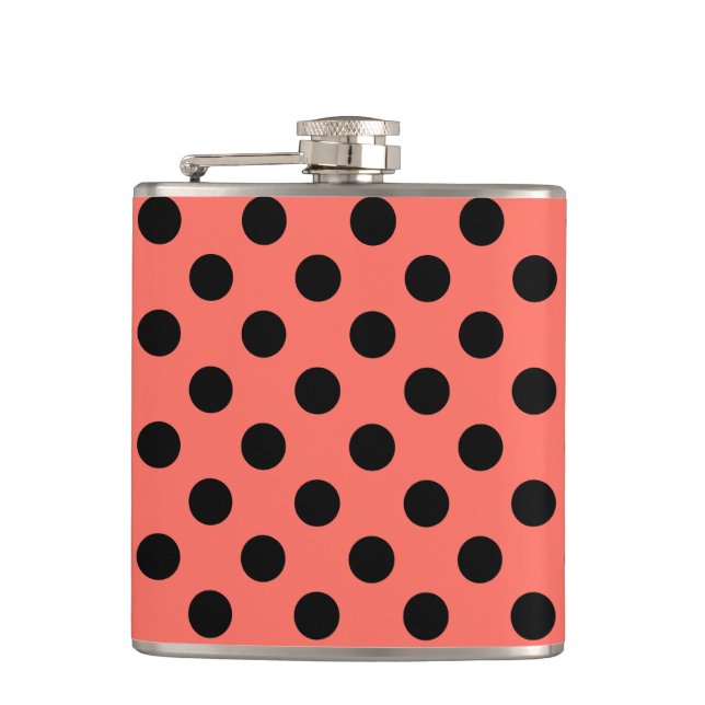 Black polka dots on living coral hip flask (Front)