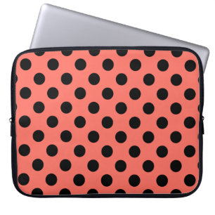 Black polka dots on living coral laptop sleeve