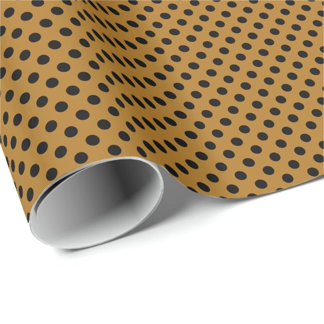 Black Polka Dots on Matte Gold Wrapping Paper (Roll Corner)