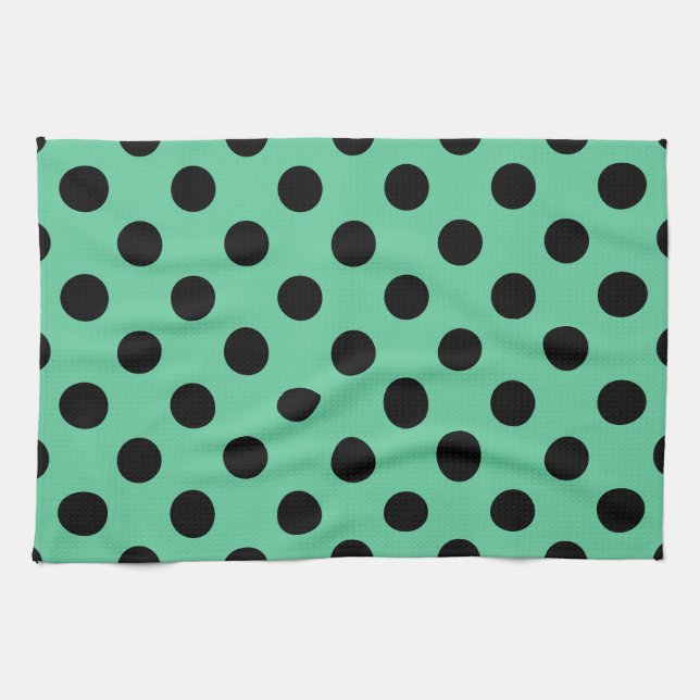Black polka dots on mint green tea towel (Horizontal)