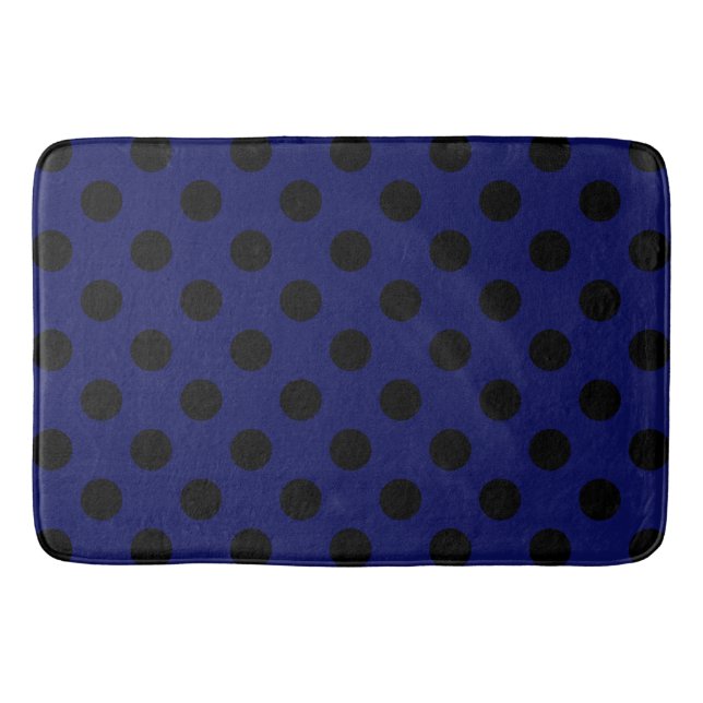 Black polka dots on navy blue bath mat (Front)