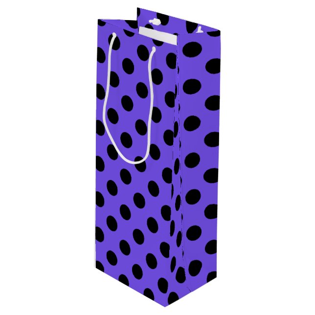 Black polka dots on periwinkle wine gift bag (Front Angled)