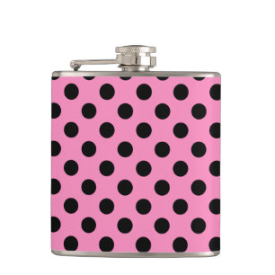 Black polka dots on pink hip flask