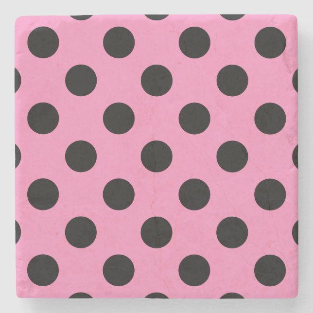 Black polka dots on pink stone coaster (Front)