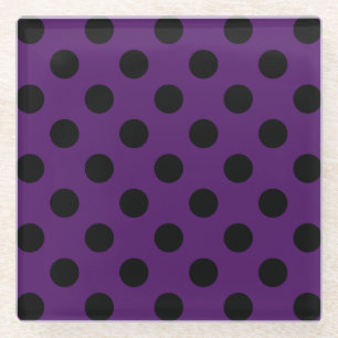 Black polka dots on plum purple glass coaster