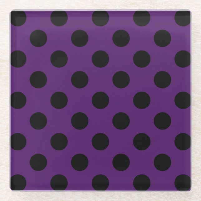 Black polka dots on plum purple glass coaster (Front)