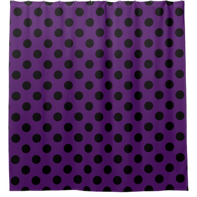 Black polka dots on plum purple shower curtain (Front)