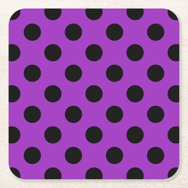 Black polka dots on purple square paper coaster (Front)