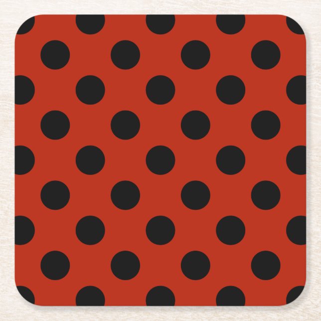 Black polka dots on red square paper coaster (Front)