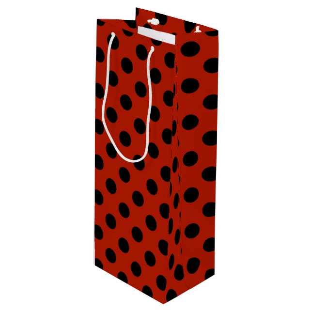 Black polka dots on red wine gift bag (Front Angled)