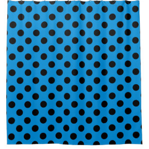 Black polka dots on sky blue shower curtain