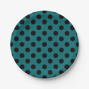 Black polka dots on teal paper plate