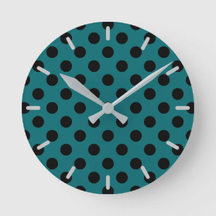 Black polka dots on teal round clock