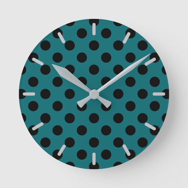 Black polka dots on teal round clock (Front)