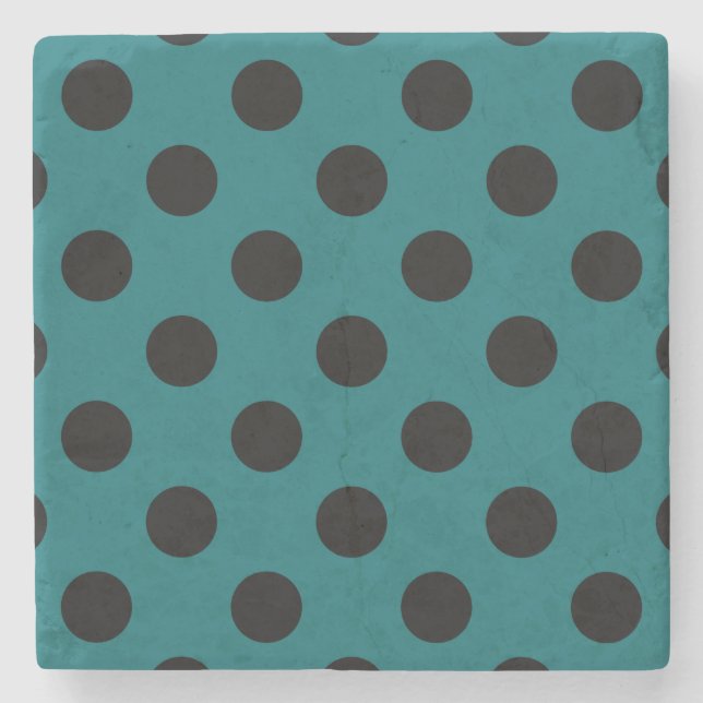 Black polka dots on teal stone coaster (Front)