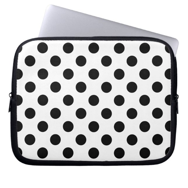 Black polka dots on white laptop sleeve (Front)
