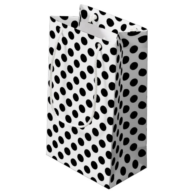 black polka dots on white small gift bag (Back Angled)