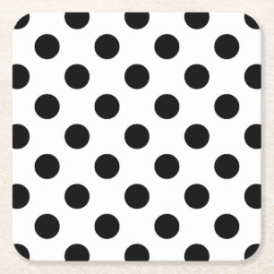 Black polka dots on white square paper coaster