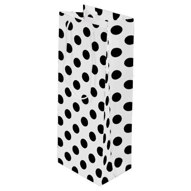 Black polka dots on white wine gift bag (Front Angled)