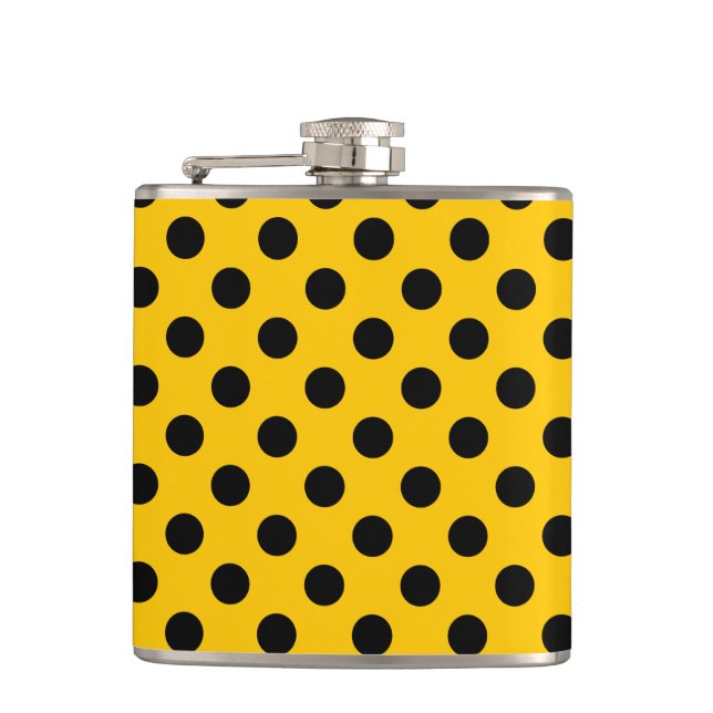 Black polka dots on yellow hip flask (Front)