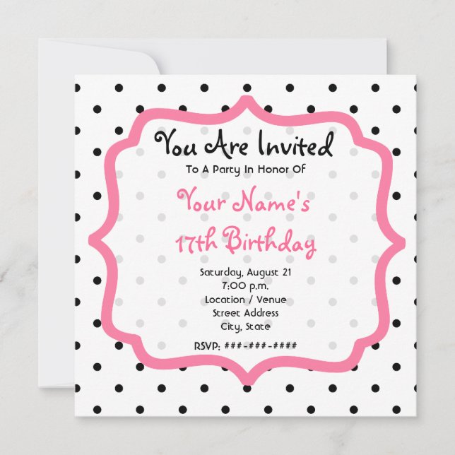 Black Polka Dots & Pink Cupcake Birthday Party Invitation (Front)