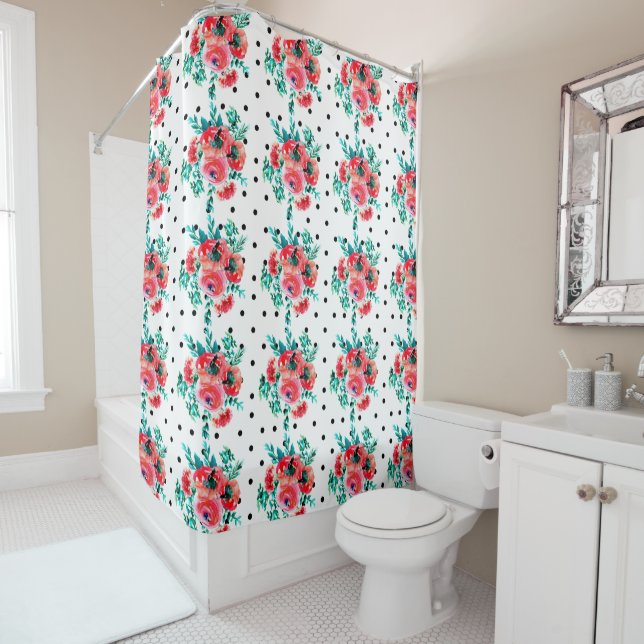 Black Polka-dots & Red Watercolor Roses Pattern Shower Curtain (In Situ)