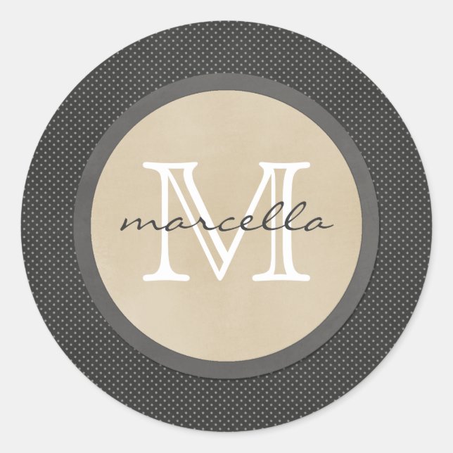Black Polka Dots Small Monogram Classic Round Sticker (Front)