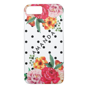 Black polka dots Watercolor Peony Flower YOUR NAME iPhone 8/7 Case