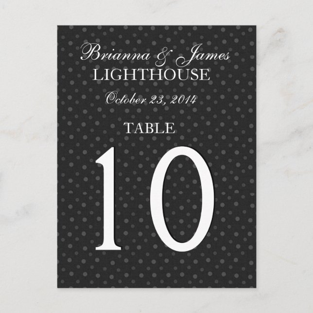 Black Polka Dots Wedding Table Number Card (Front)