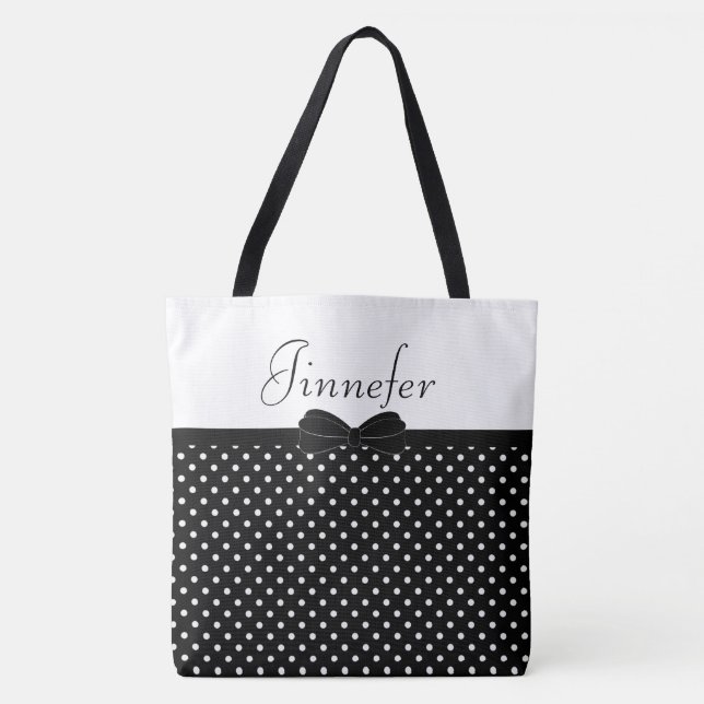 Black Polka Dots With Papillon Personalised Large Tote Bag (Front)
