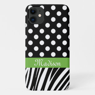 Black Polka Dots Zebra Stripes Green Name iPhone 11 Case