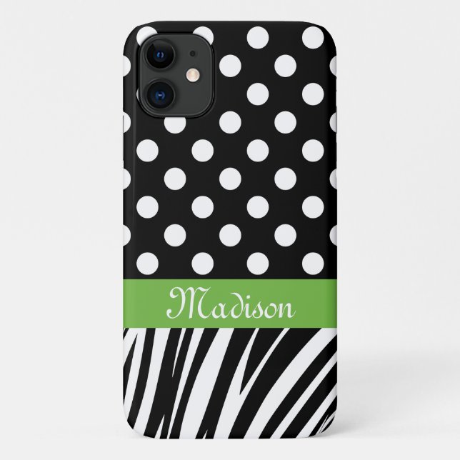 Black Polka Dots Zebra Stripes Green Name Case-Mate iPhone Case (Back)
