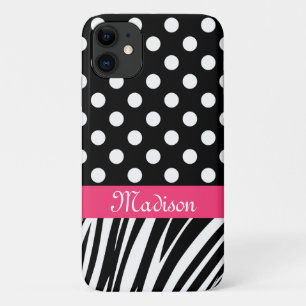 Black Polka Dots Zebra Stripes Pink Name iPhone 11 Case