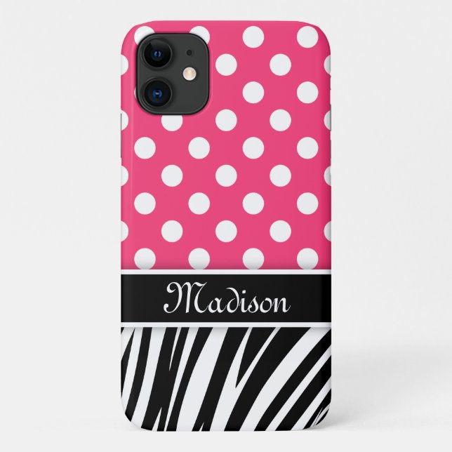Black Polka Dots Zebra Stripes Pink Name Case-Mate iPhone Case (Back)