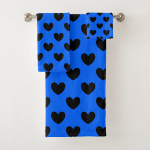 Black polka hearts on blue bath towel set
