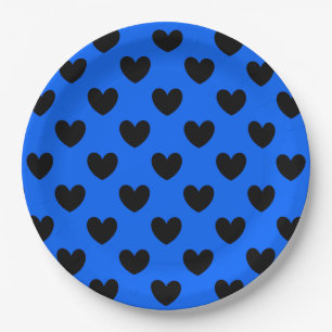 Black polka hearts on blue paper plate